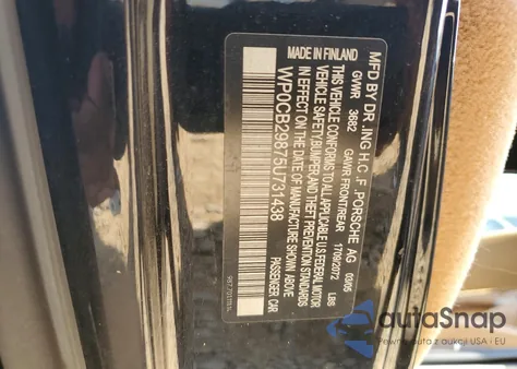 2005 Porsche Boxster S z USA, uszkodzony, nr VIN WP0CB29875U731438